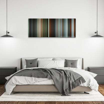 The Raid 2 color palette canvas above a bed, between two black pendant lamps
