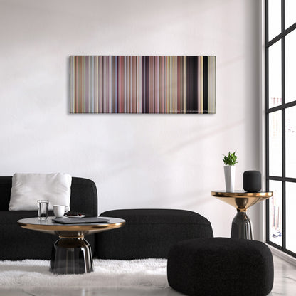 Napoleon Dynamite color palette canvas above a black sofa with a gold-topped table
