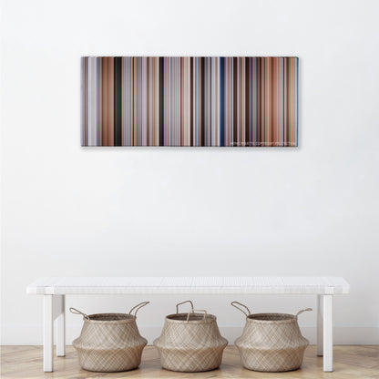 Waterworld color palette canvas above a white bench with three woven baskets