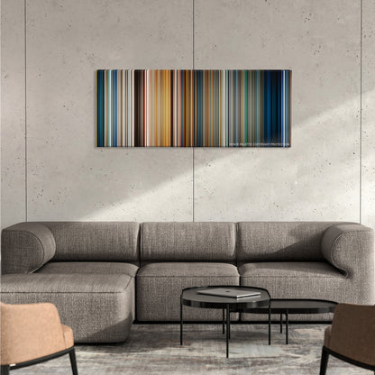 Titanic color palette canvas on a concrete wall above a gray sectional sofa