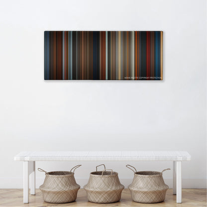 The Brothers Grimm color palette canvas above a white bench with three woven baskets