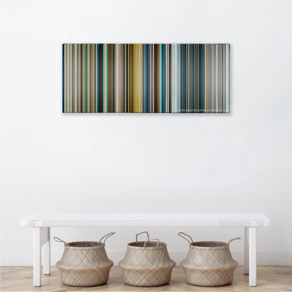 War Dogs color palette canvas above a white bench with three woven baskets