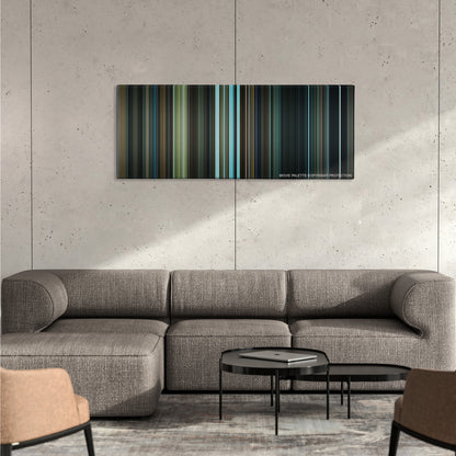 Harry Potter and the Prisoner of Azkaban color palette canvas on a concrete wall above a gray sectional sofa