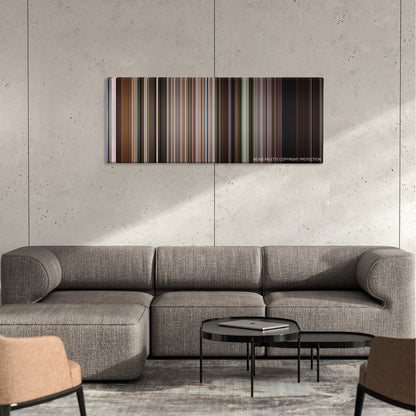 A Walk Among the Tombstones color palette canvas on a concrete wall above a gray sectional sofa