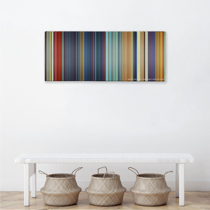 The Emperor's New Groove color palette canvas above a white bench with three woven baskets