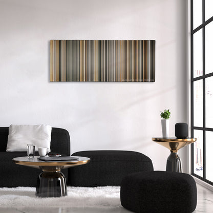 Mary and Max color palette canvas above a black sofa with a gold-topped table