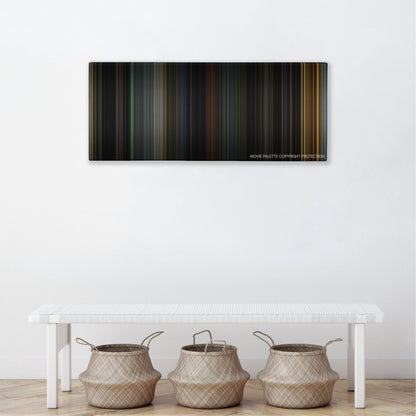 House of Wax color palette canvas above a white bench with three woven baskets