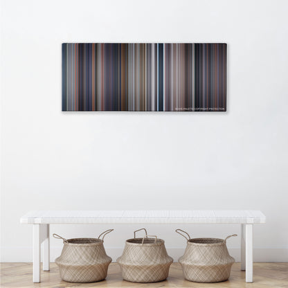 Tomorrow Never Dies color palette canvas above a white bench with three woven baskets