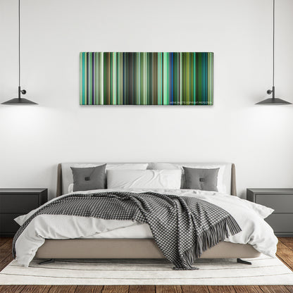 T2 Trainspotting color palette canvas above a bed, between two black pendant lamps