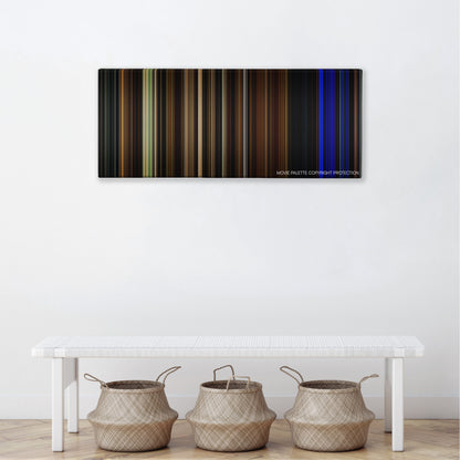 Lights Out color palette canvas above a white bench with three woven baskets