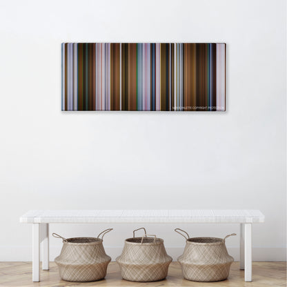 One Hour Photo color palette canvas above a white bench with three woven baskets