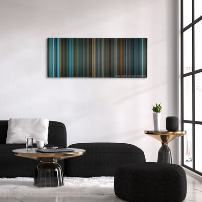 Blade Runner color palette canvas above a black sofa with a gold-topped table
