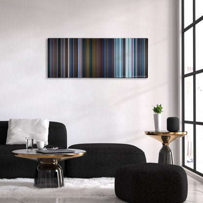 Charlie and the Chocolate Factory color palette canvas above a black sofa with a gold-topped table