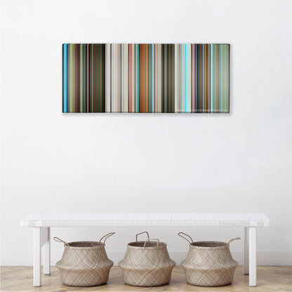 The Hitchhiker's Guide to the Galaxy color palette canvas above a white bench with three woven baskets