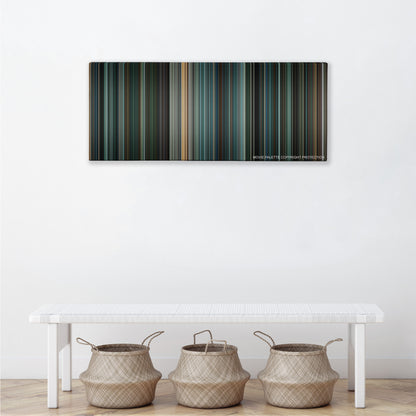 Eagle Eye color palette canvas above a white bench with three woven baskets