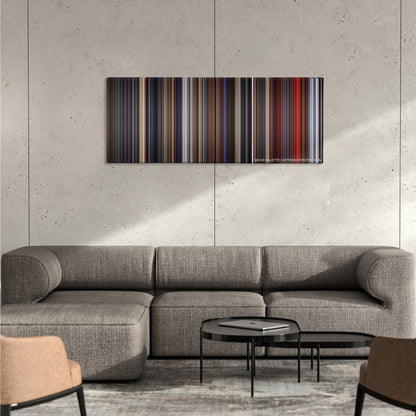 Star Wars: Episode III - Revenge of the Sith color palette canvas on a concrete wall above a gray sectional sofa