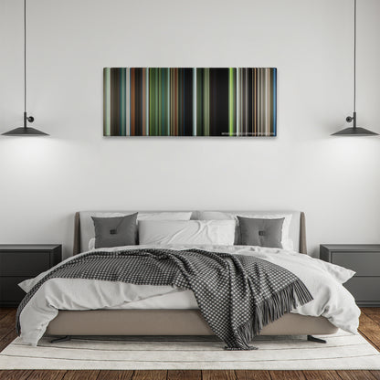 Annihilation color palette canvas above a bed, between two black pendant lamps