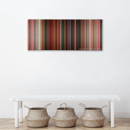 Sausage Party color palette canvas above a white bench with three woven baskets