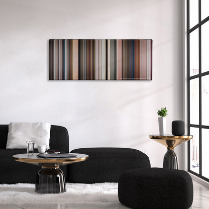 Crazy Rich Asians color palette canvas above a black sofa with a gold-topped table