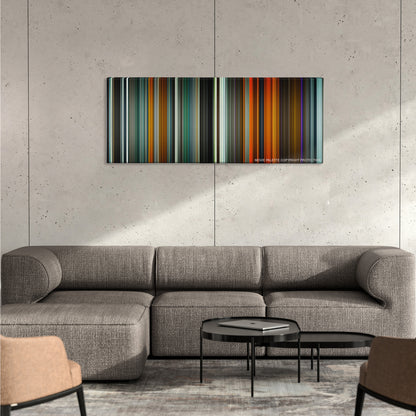 Blade Runner 2049 color palette canvas on a concrete wall above a gray sectional sofa