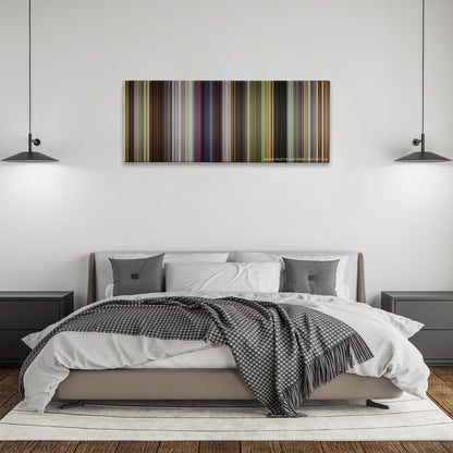 Shrek color palette canvas above a bed, between two black pendant lamps