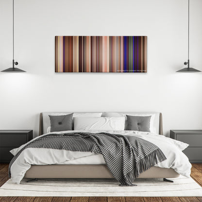 Neighbors 2: Sorority Rising color palette canvas above a bed, between two black pendant lamps