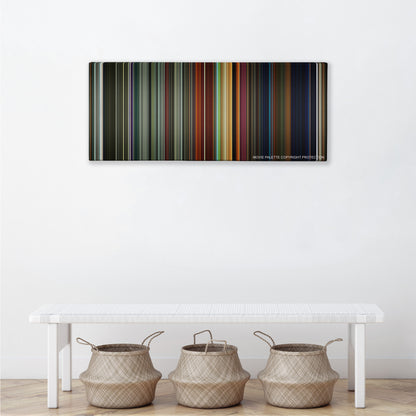 Ad Astra color palette canvas above a white bench with three woven baskets