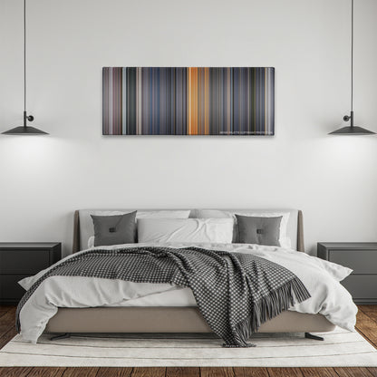 Galaxy Quest color palette canvas above a bed, between two black pendant lamps