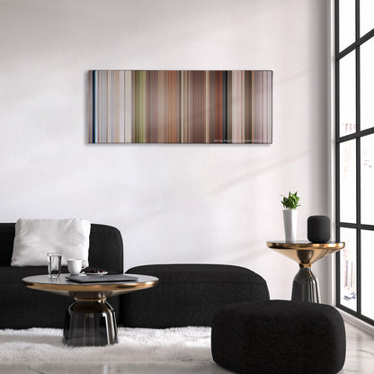 Planet of the Apes color palette canvas above a black sofa with a gold-topped table