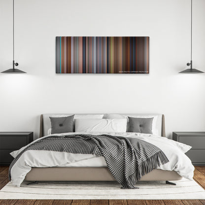 Scary Movie 4 color palette canvas above a bed, between two black pendant lamps