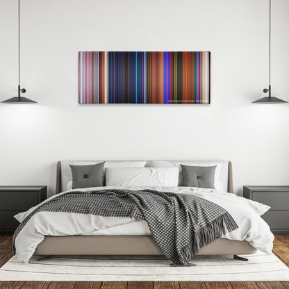 Journey to the Center of the Earth color palette canvas above a bed, between two black pendant lamps