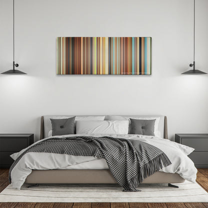 Spirited Away color palette canvas above a bed, between two black pendant lamps