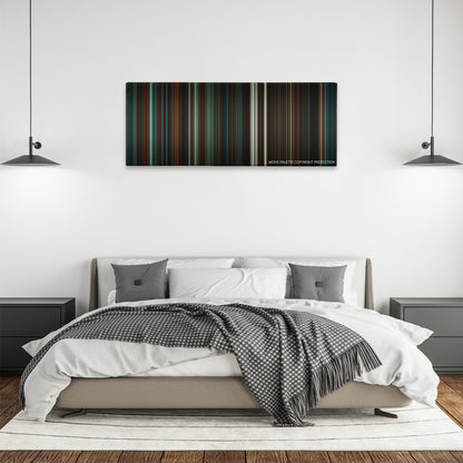 Let Me In color palette canvas above a bed, between two black pendant lamps