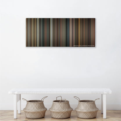 Night at the Museum: Battle of the Smithsonian color palette canvas above a white bench with three woven baskets