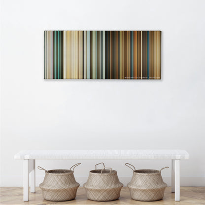 Wild Tales color palette canvas above a white bench with three woven baskets