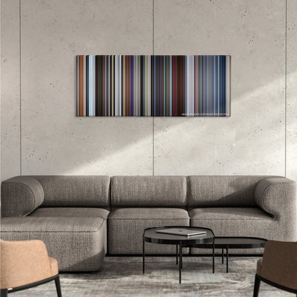 Tomorrowland color palette canvas on a concrete wall above a gray sectional sofa