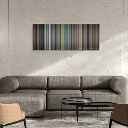 Dawn of the Dead color palette canvas on a concrete wall above a gray sectional sofa
