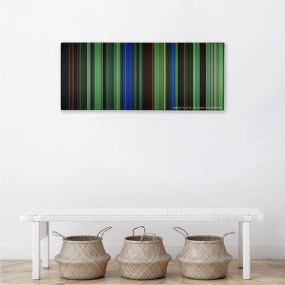 Saw III color palette canvas above a white bench with three woven baskets