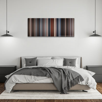 The Usual Suspects color palette canvas above a bed, between two black pendant lamps