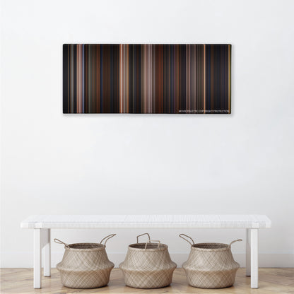 Chicken Run color palette canvas above a white bench with three woven baskets