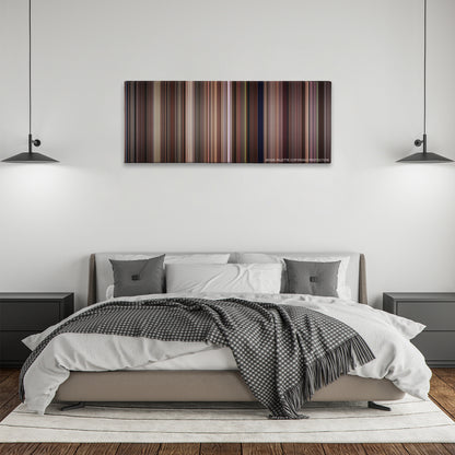 Tootsie color palette canvas above a bed, between two black pendant lamps