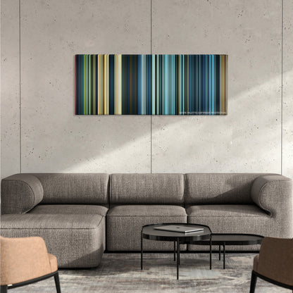 Star Wars: Episode IX - The Rise of Skywalker color palette canvas on a concrete wall above a gray sectional sofa