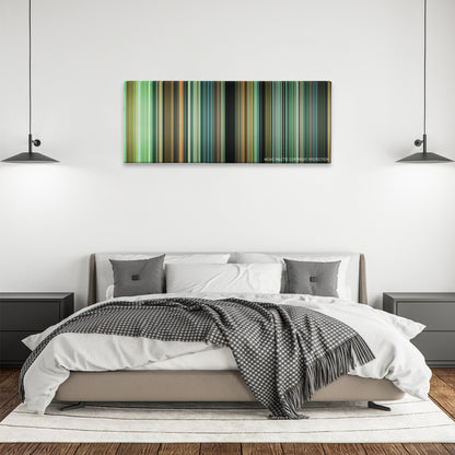 Ran color palette canvas above a bed, between two black pendant lamps
