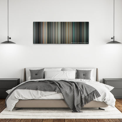 The Call color palette canvas above a bed, between two black pendant lamps