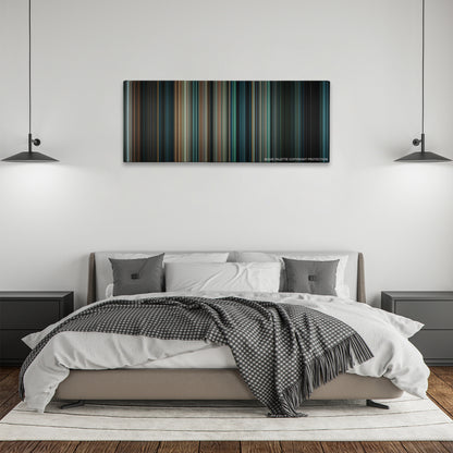 Super 8 color palette canvas above a bed, between two black pendant lamps