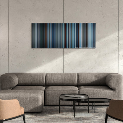 The Revenant color palette canvas on a concrete wall above a gray sectional sofa