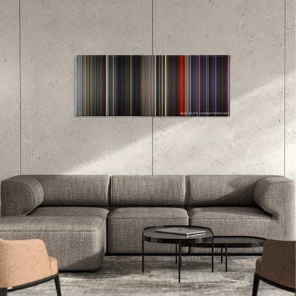 Mortal Engines color palette canvas on a concrete wall above a gray sectional sofa