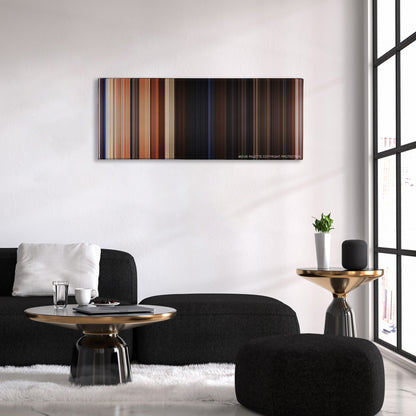 Army of Darkness color palette canvas above a black sofa with a gold-topped table