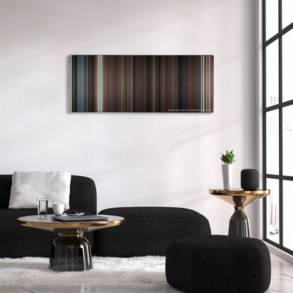 Hot Tub Time Machine color palette canvas above a black sofa with a gold-topped table