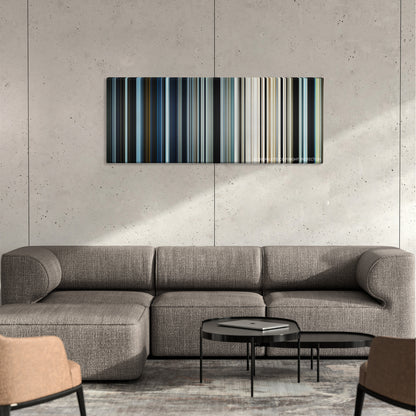 The Way Back color palette canvas on a concrete wall above a gray sectional sofa
